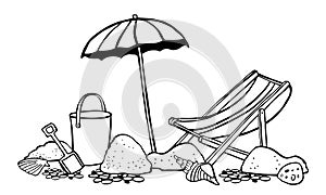 Beach scene. Parasol with lounger on the sand. Vector outline cartoon hand drawn illustration